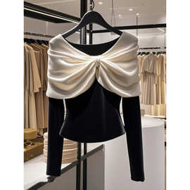 秋季上衣冷淡系高级感洋气高端别致气质法式黑色撞色收腰打底衫女