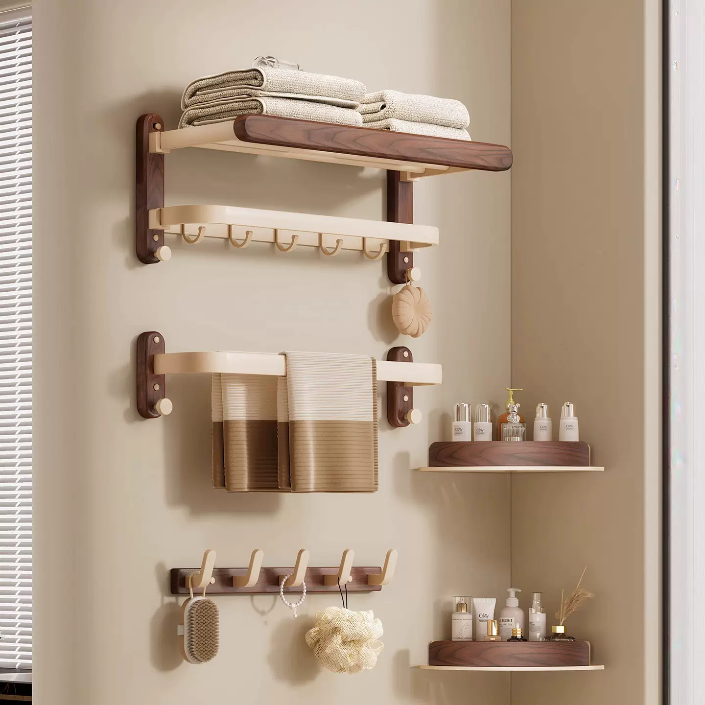 胡桃木高端卫生间免打孔浴巾架一体挂架套件浴室架子置物架毛巾架
