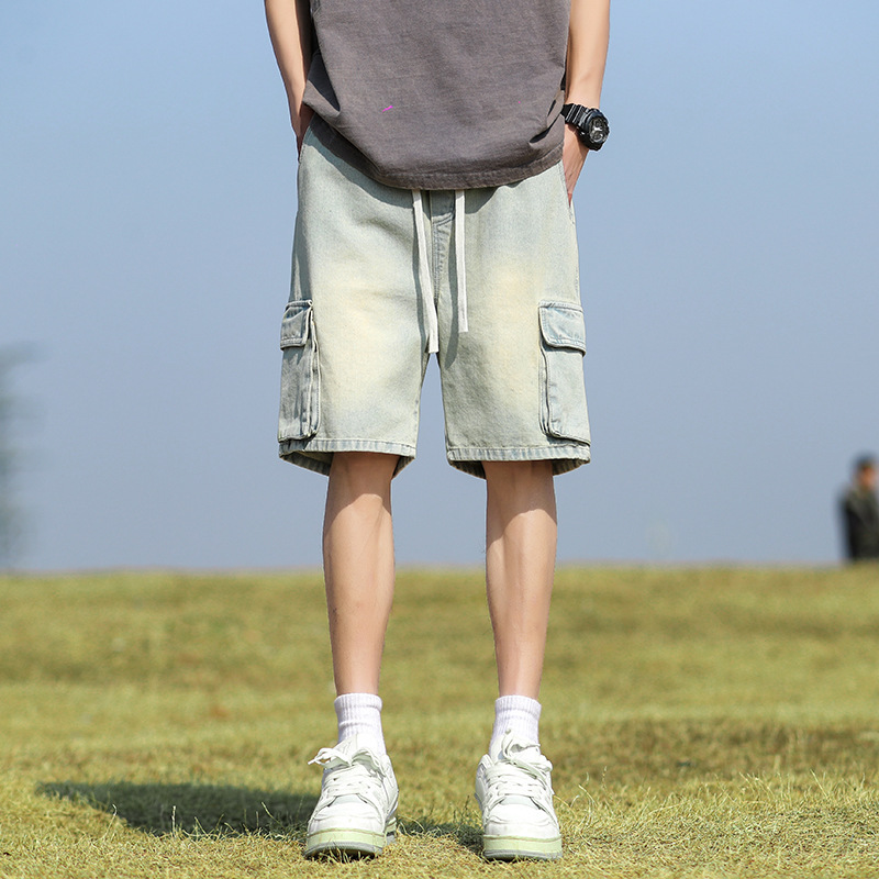 Spring and Summer Workwear Denim Shorts for Men with Three-Dimensional Pockets, Elastic Waistband, Loose Straight Fit, American Style, Versatile Five-Point Pants Spring and Summer Workwear Denim Shorts for Men with Three-Dimensional Pockets, Elastic Waistband, Loose Straight Fit, American Style, Versatile Five-Point Pants