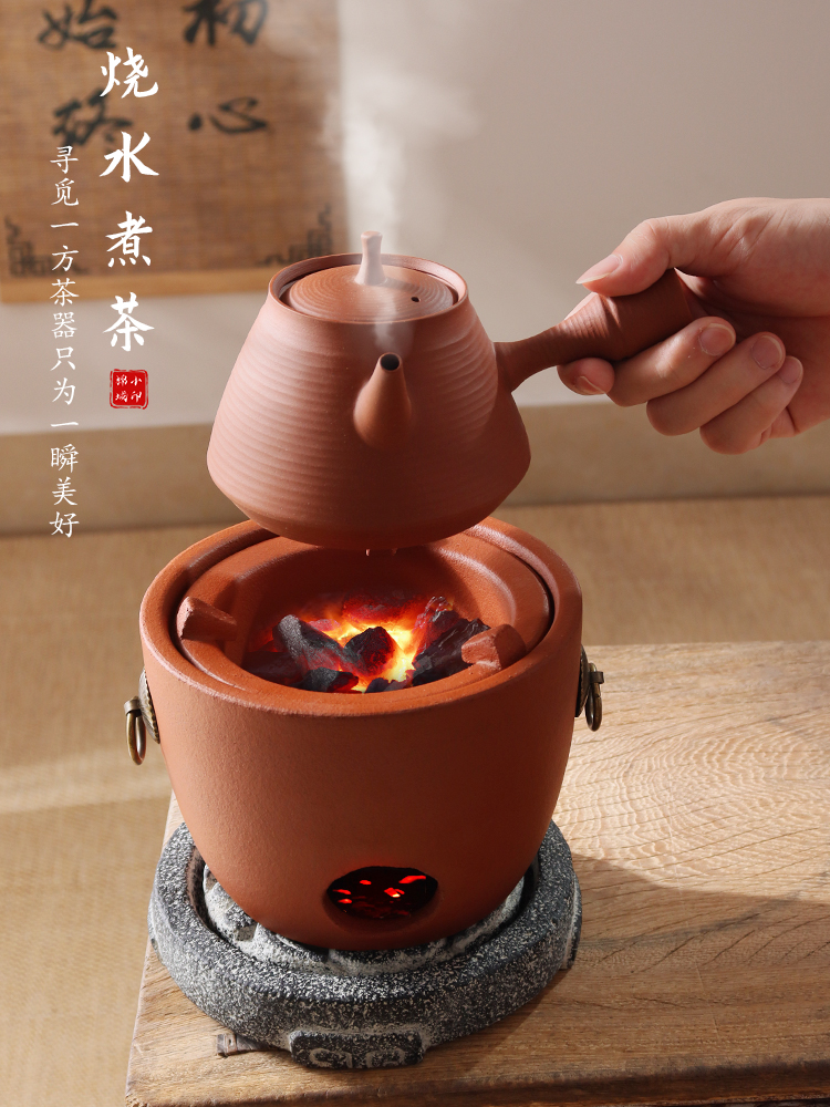 Sand pot for tea brewing, side handle for boiling water and tea, lid-lifting kettle, household red clay charcoal stove for tea brewing, open flame charcoal stove