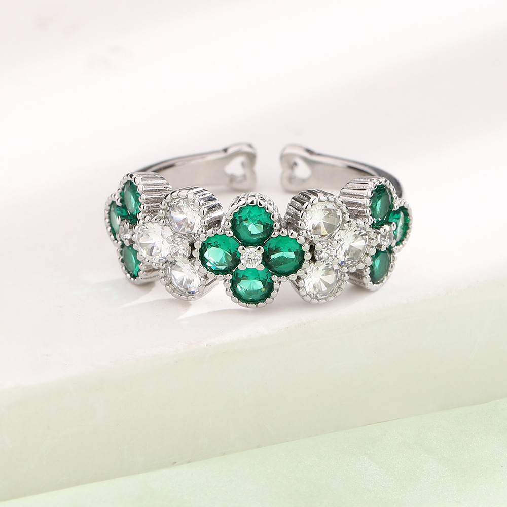 Anillo trébol 4 hojas vintage, estilo palacio, circonita verde esmeralda, ajustable