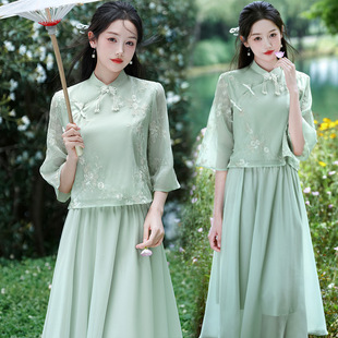 New Chinese Style Improved Cheongsam Top with Heavy Embroidery, Handmade Beading, Zen Bridesmaid Dress Two-Piece Set