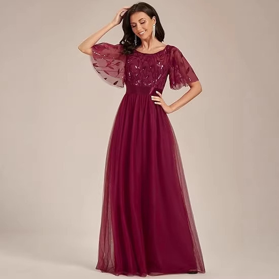 European and American Amazon Burgundy Evening Dress with Round Neck, Flared Sleeves, Mesh Long Skirt, Wedding Mother's Dress, Wedding Banquet Dress European and American Amazon Burgundy Evening Dress with Round Neck, Flared Sleeves, Mesh Long Skirt, Wedding Mother's Dress, Wedding Banquet Dress