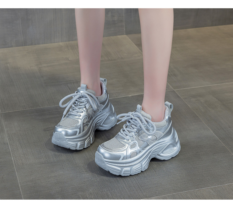 Giày sneaker dad đế dày nữ lưới thoáng khí tăng chiều cao đính đá — M2833 màu be, M2833 màu bạc chi tiết 13