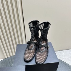 牛皮版～平底水鑽短靴女夏ins時尚皮帶扣歐美風網紗羅馬涼靴