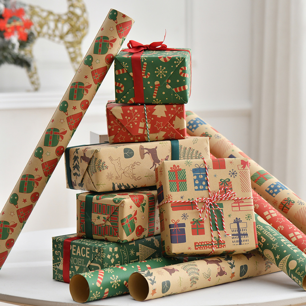 Amazon Navidad Vintage papel de regalo de papel Kraft Santa Claus árbol de Navidad de dibujos animados de papel de regalo
