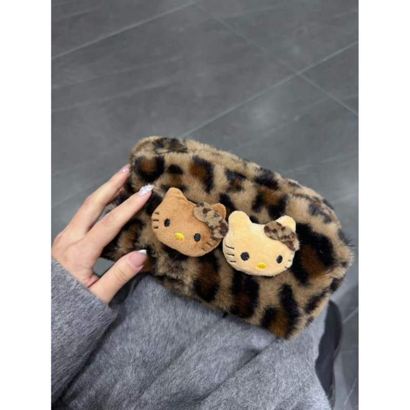 新款ins豹纹kitty毛绒化妆包女便携式旅行手拿洗漱包大容量收纳包|undefined