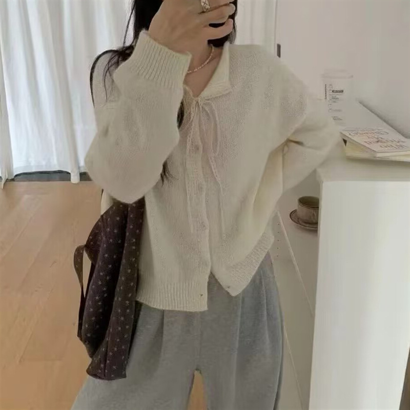 蕾丝系带领毛衣开衫外套女秋季新款软糯温柔气质休闲针织上衣女潮|undefined