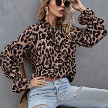2021亞馬遜ebay春季爆款歐美豹紋系帶長袖女上衣長袖襯衫