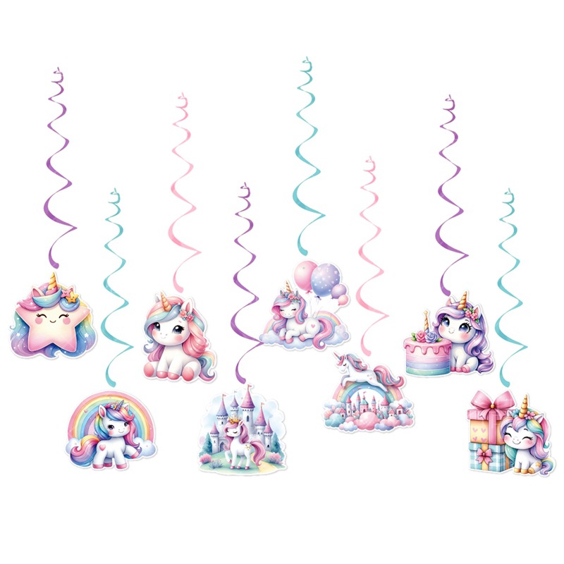 Unicornio tema de fiesta de cumpleaños decoración bandera de cumpleaños unicornio colgante espiral accesorios de cumpleaños decoración