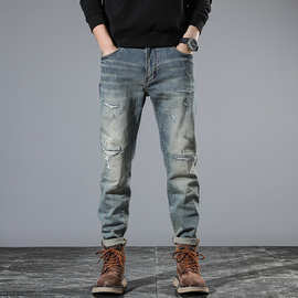 2024秋冬季新款磨烂修身牛仔裤欧美风青年小直筒宽松舒适牛仔裤男