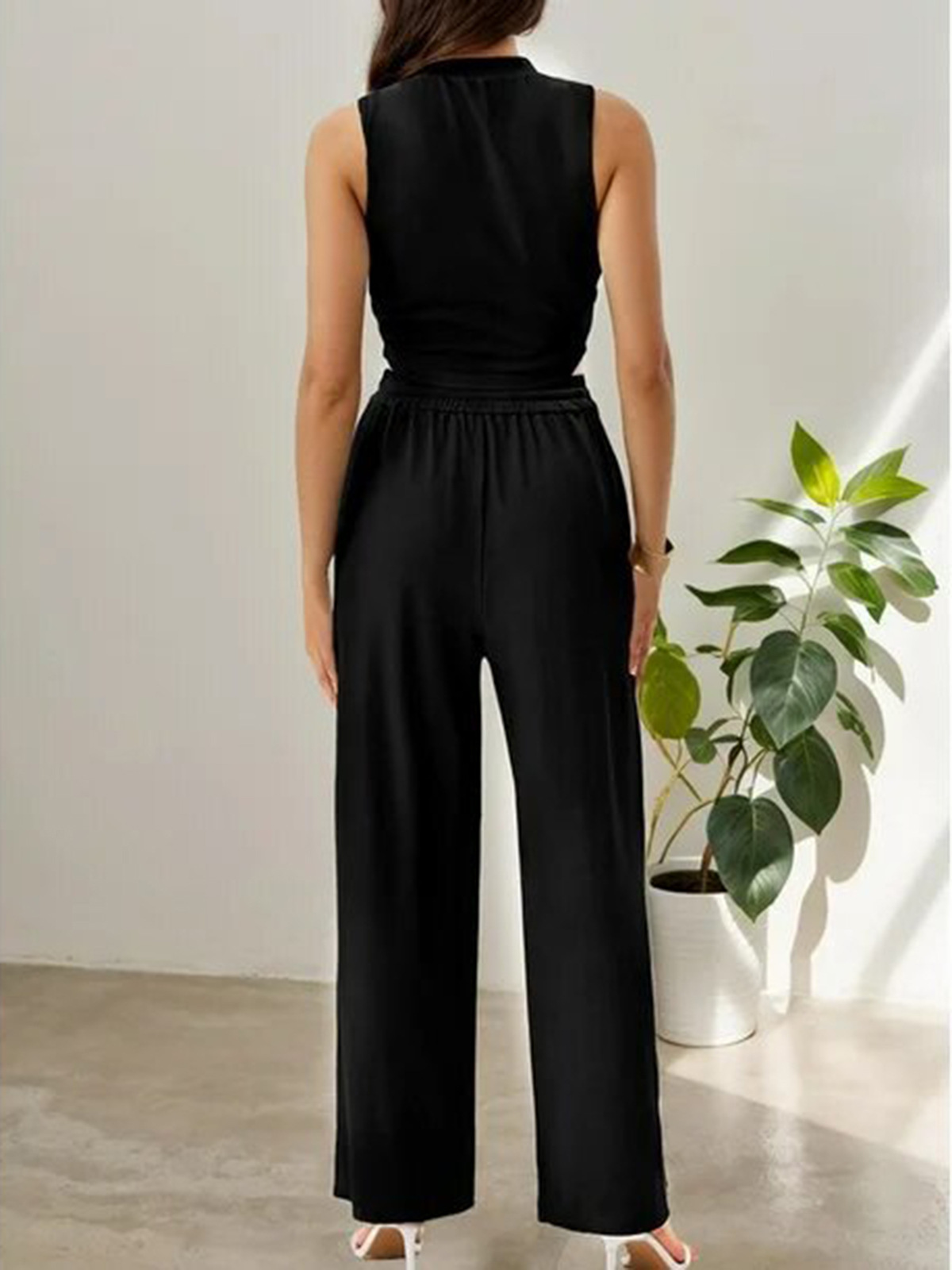 Women's Clothing Summer Leisure Suit Sleeveless Round Neck Short Slim Fit Top Wide Leg Pants Two Piece Suit_ecoleips.com