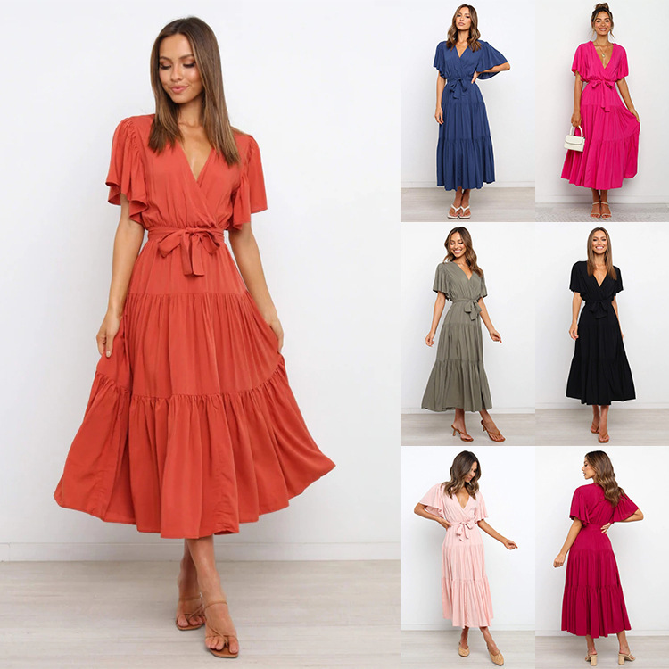 Cross-border Amazon AliExpress new V-neck commuter printed short-sleeved waist dress bohemian dress women Cross-border Amazon AliExpress new V-neck commuter printed short-sleeved waist dress bohemian dress women