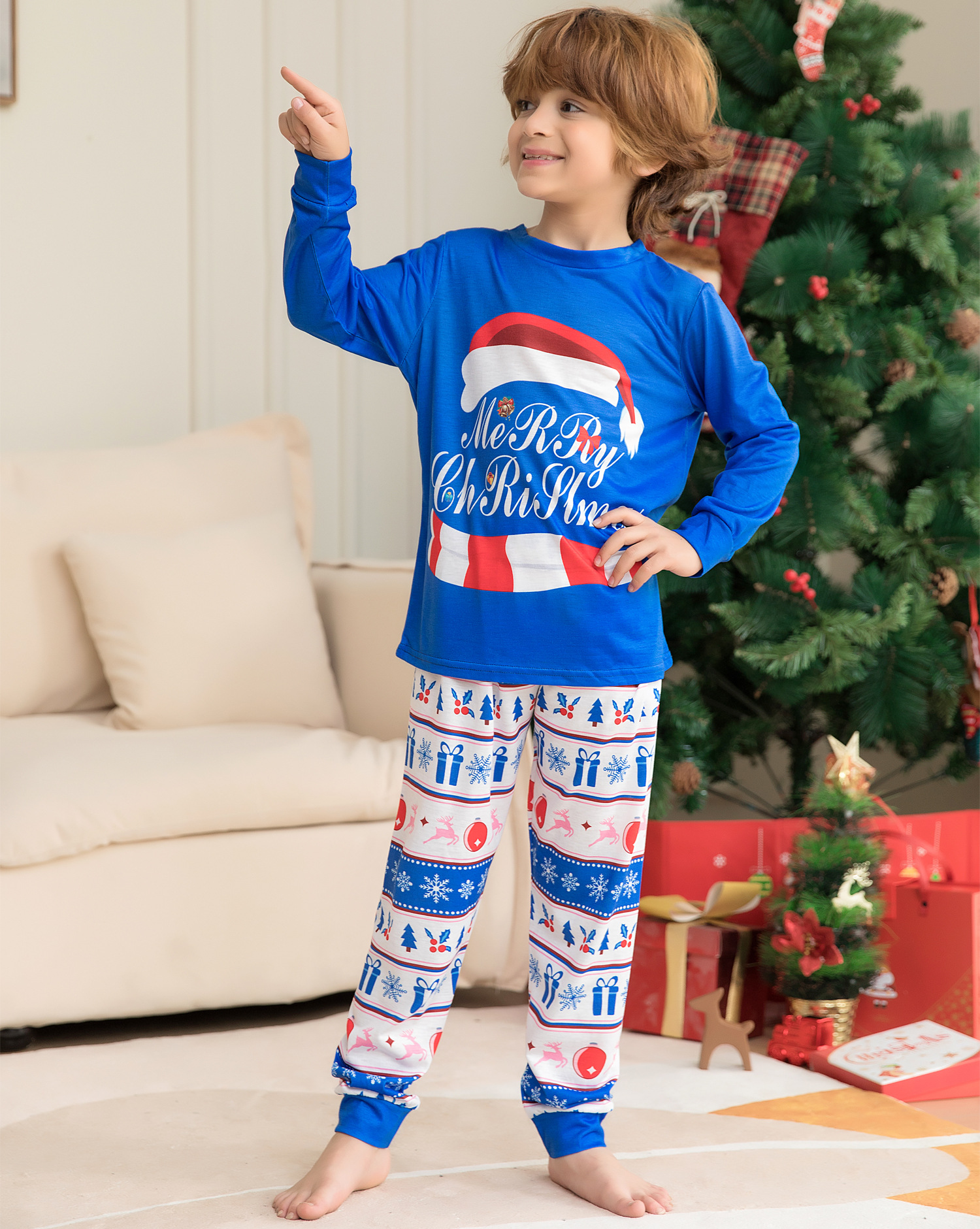 Christmas Striped letter-print home suit pajamas suit Santa hat family suit_voghion.com