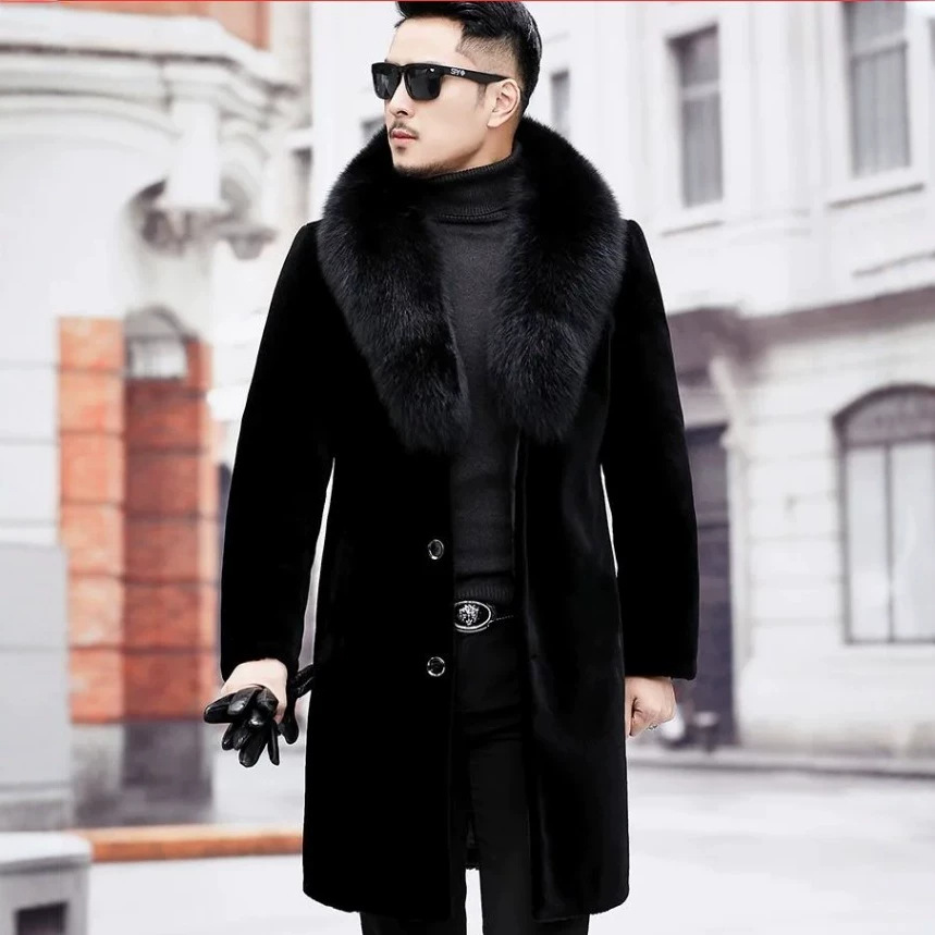 Men's Mid-Length Fur Coat, Haining Fur Integrated Imitation Mink Fur Fleece-Lined, Thickeneded and Warm, Middle-Aged and Elderly Men's Jacket