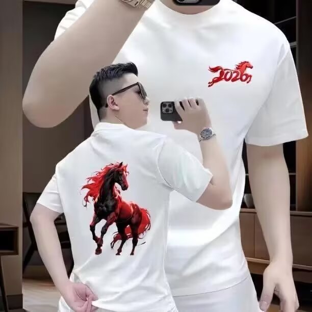2026本命年红色男女同款印花短袖T恤新款潮流个性时尚圆领上衣体