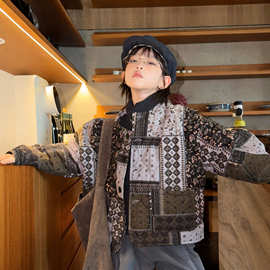蓝钰26秋冬新品童装中小童男童复古老花百家布绗线轻薄棉服外套