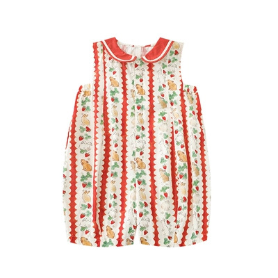 Jera ropa de los niños sin mangas de las niñas traje 2024 verano nuevo bebé lindo conejito impreso mono transfronterizo