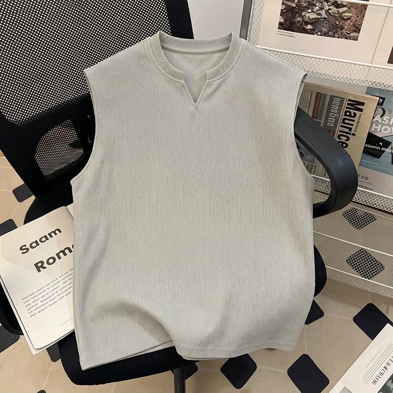 White V-Neck Solid Color Tank Top for Men, Summer Trendy Cool Style for Teenagers, Sleeveless T-Shirt, Sports Textured Vest