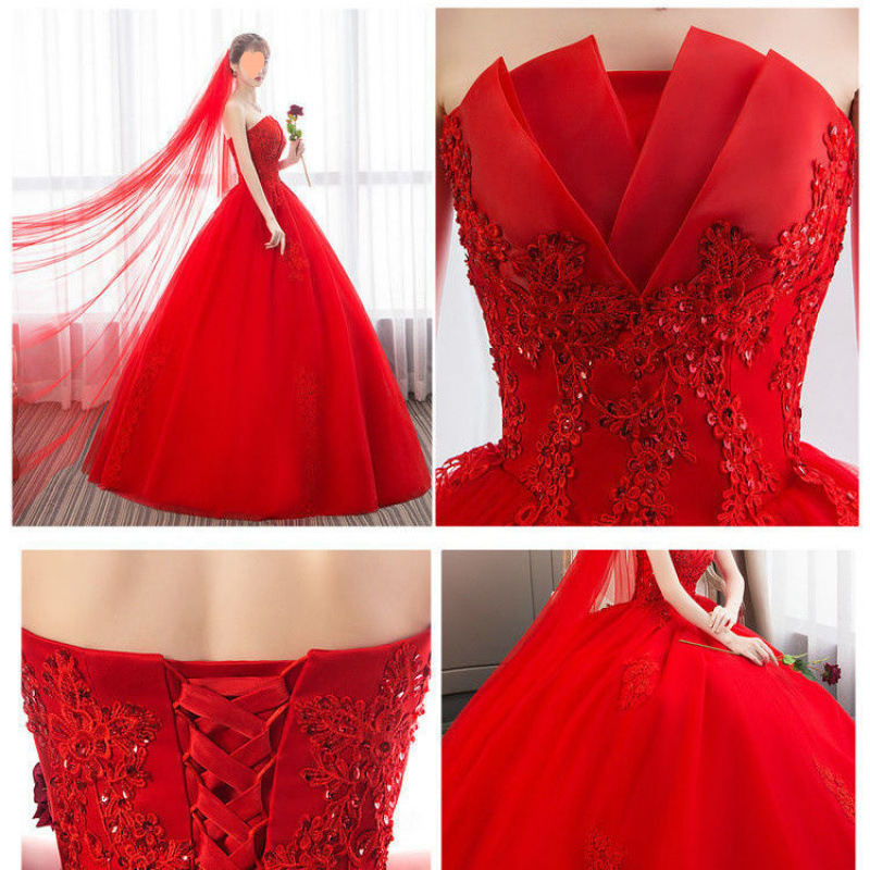 Robe de mariée 2025, nouveau modèle, rouge, princesse, top tube, style coréen, taille haute, confectionnée en usine._voghion.com
