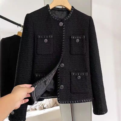 Black Plaid Chanel Style Elegant Slim Look Jacket Women's Spring and Autumn Korean-style All-match Long-sleeved Tweed Jacket Top Ins