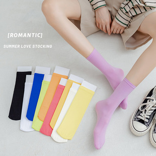 Summer Thin Stockings for Women with Candy-Colored Vertical Stripess Piles Ins Japanese Style Versatile Small Fresh Mid-Calf Socks Manufacturer Batch
