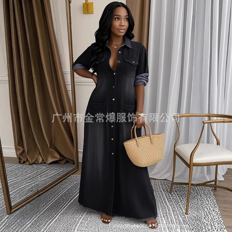 2025 ヨーロッパとアメリカのクロスボーダー Amazon 外国貿易婦人服ファッションウォッシュカジュアル長袖シャツドレスルーズロングスカート|undefined