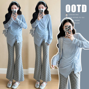 Pregnant women's clothing 2025 spring new Korean fashion stretch T-shirt base shirt pregnant women wave point pants set two-piece