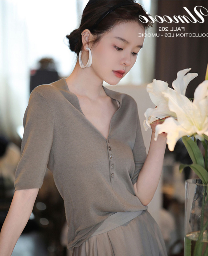 Áo len dệt kim tay lỡ cổ V dáng ôm chất liệu lụa đá mùa hè, mỏng nhẹ đa năng — đen chi tiết 11