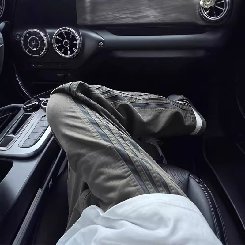 Three Striped Pants Men's Summer American Style High Street Army Green Straight Overalls Trendy Brand Loose Casual Pants