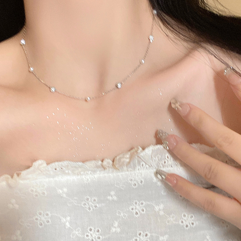 閃鑽球珍珠鋯石流蘇項鍊女款設計感小眾高級鎖骨鏈簡約氣質頸鏈潮