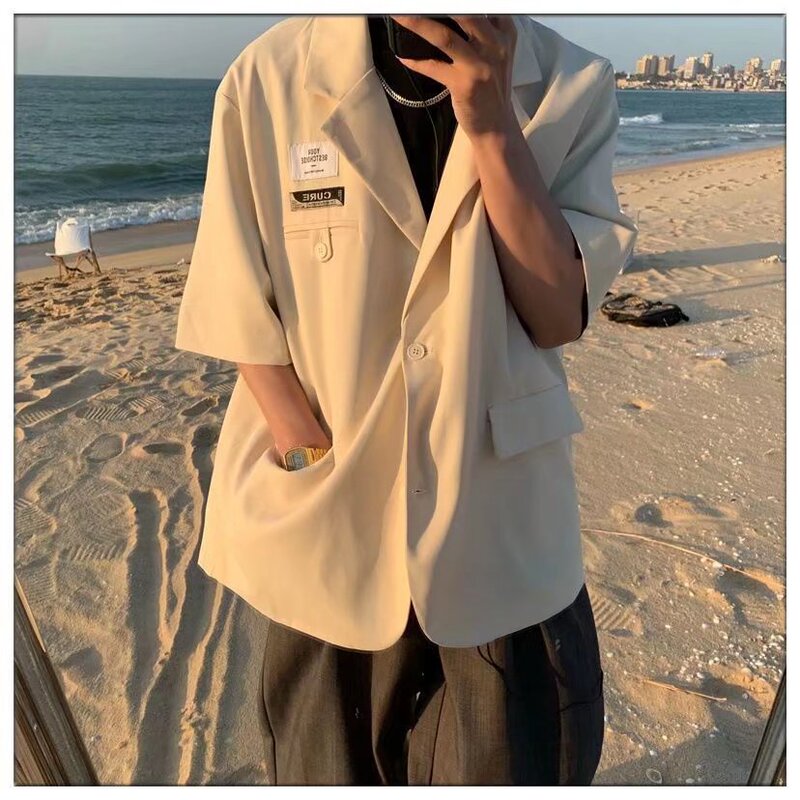 Spring and Summer Short-Sleeved Suit Jacket Men's Ins Trendy Design 7-Quarter Sleeve Top Korean Style Handsome High-End Small Suit