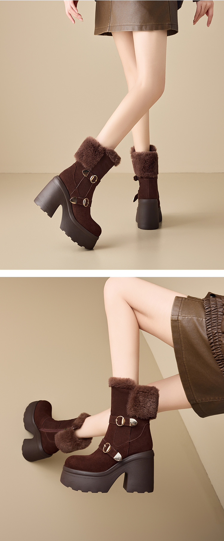Boot nữ cổ cao ôm bắp chân đế dày 12 cm mũi tròn khóa thắt lưng — nhung nâu chi tiết 4