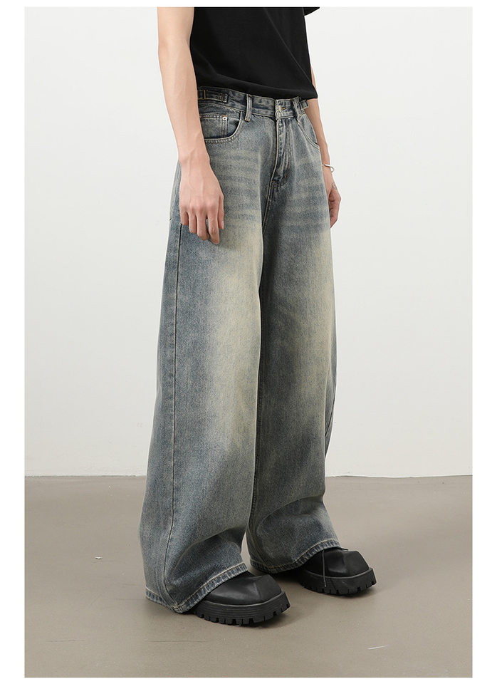 Quần jeans nam ống rộng dáng thẳng phong cách retro, chất denim cotton thoải mái — màu xanh chi tiết 5