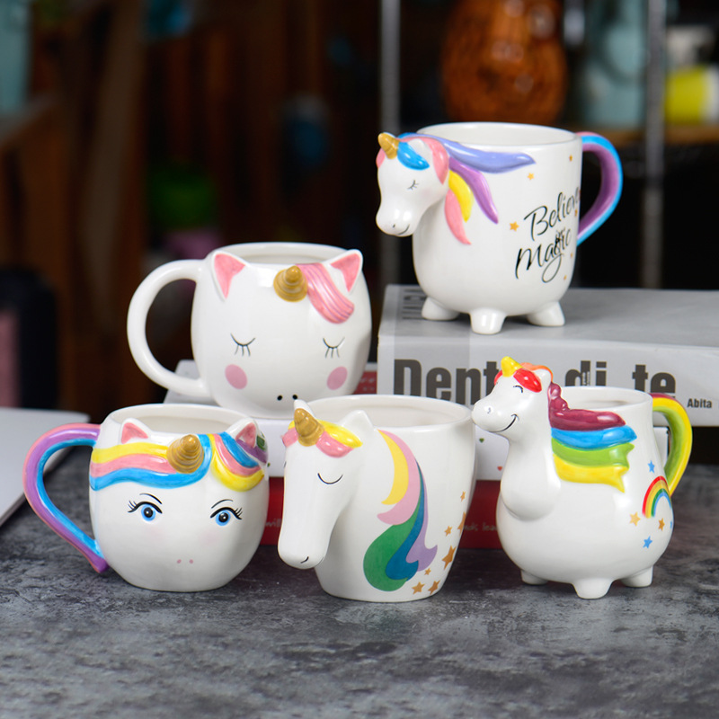 Taza de cerámica de unicornio transfronteriza taza de desayuno de leche arco iris taza de oficina de dibujos animados taza creativa para el hogar