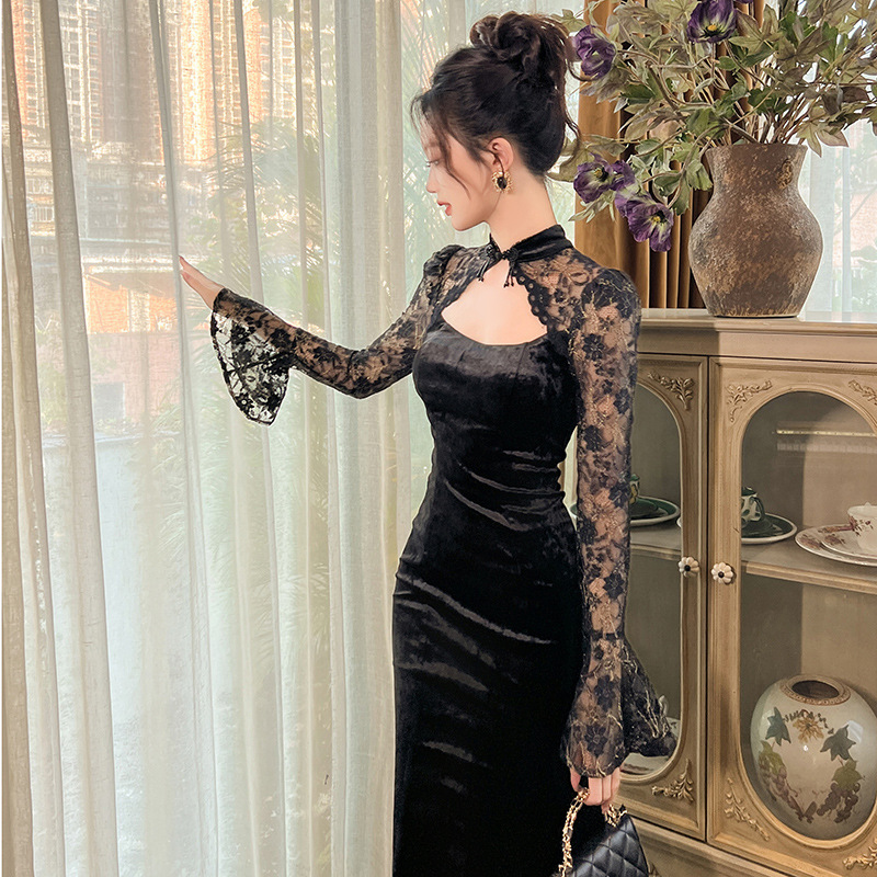 Đầm maxi nữ tay chuông phong cách Trung Hoa cải tiến, chất nhung mềm mại — Màu đen