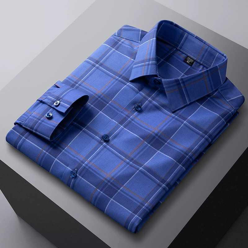 Новая весенняя мужская рубашка из бамбукового волокна, мужская тонкая клетчатая деловая повседневная клетчатая рубашка против морщин, без утюга