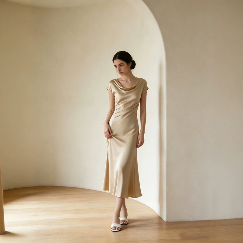 High-End Heavy Acetate Satin Bias-Cut Slimming Draped Collar Elegant Fishtail Gown with a Subtle Pearlescent Luster, Luxurious and Translucent Long Dress High-End Heavy Acetate Satin Bias-Cut Slimming Draped Collar Elegant Fishtail Gown with a Subtle Pearlescent Luster, Luxurious and Translucent Long Dress