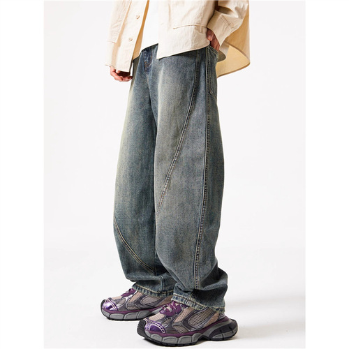 American Washed Bending Knife Workwear Jeans for Men, Autumn Trend Brand Splicing Loose Wide Leg Pants, High Street Straight Leg Casual Pants