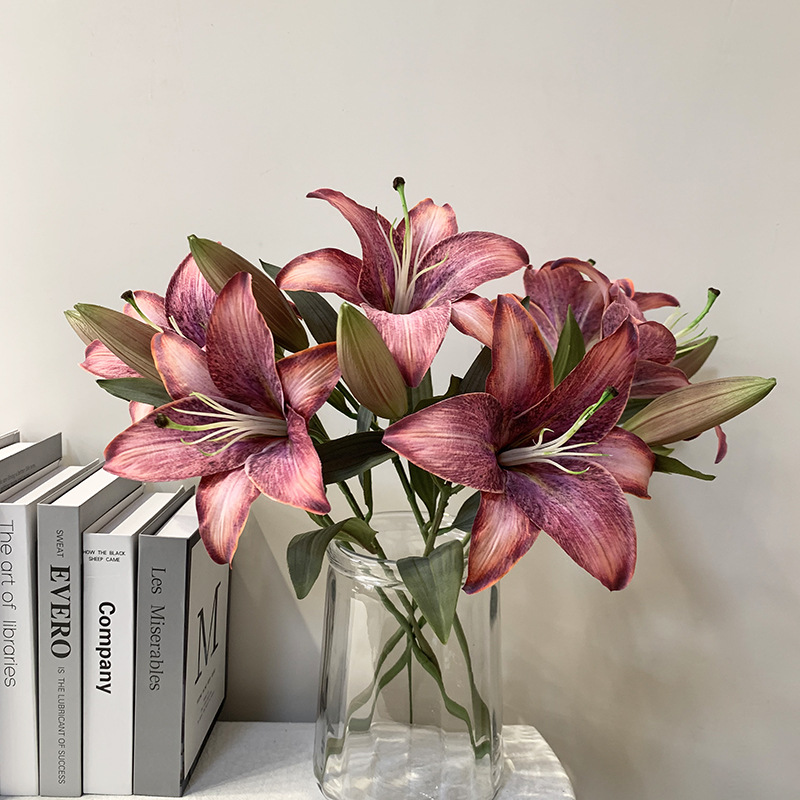 Two-head Lily 3D Printed Single Flower and Bud Simulation Lily Artificial Flower European Retro Wedding Home Photography Floral Arrangement