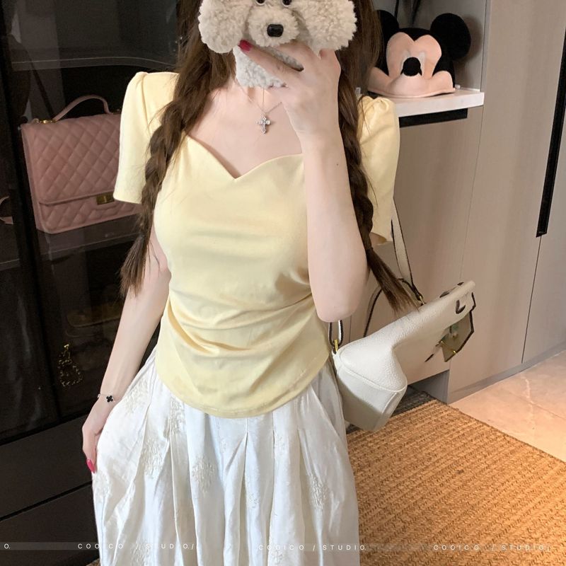 大码方领泡泡袖短袖t恤女夏季2025新款胖mm宽松显瘦遮肉外穿上衣|undefined