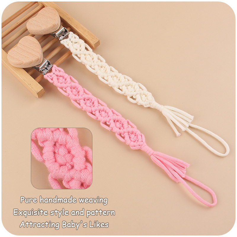 Suministros para bebés amor haya chupete clip calmante DIY bebé creativo hecho a mano algodón tejido chupete cadena