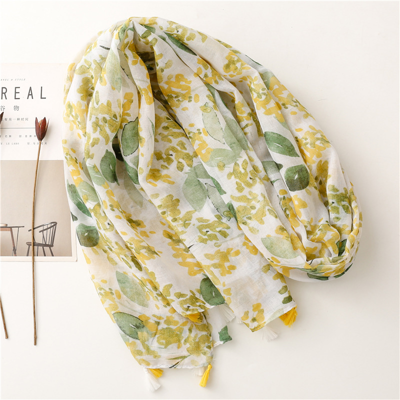 Bali Yarn Cotton Fruit Green Bright Yellow Leaf Printing Tassel Scarf Shawl display picture 4