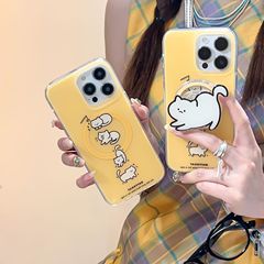 小眾ins黃底可愛貓咪適用iPhone14磁吸支架15ProMax手機殼蘋果13P