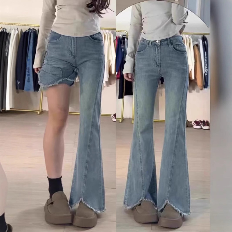 Light Blue Raw Edge Slit Bootcut Jeans for Women New Large Size Fat mm Slimming Look High Waist Elastic Hip-Covering Flared Pants Light Blue Raw Edge Slit Bootcut Jeans for Women New Large Size Fat mm Slimming Look High Waist Elastic Hip-Covering Flared Pants