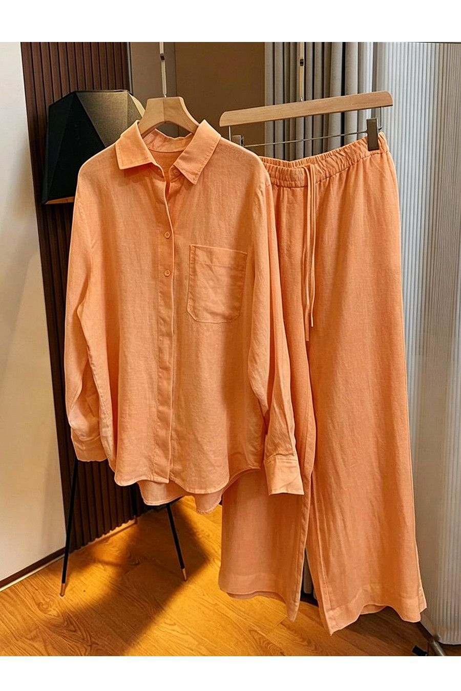Women's Cotton Linen Shirt Set Korean Style Lightweight Loose Sun Protective Top And Wide Leg Pants Two Piece Fashionable Youthful Clothing_ecoleips.com