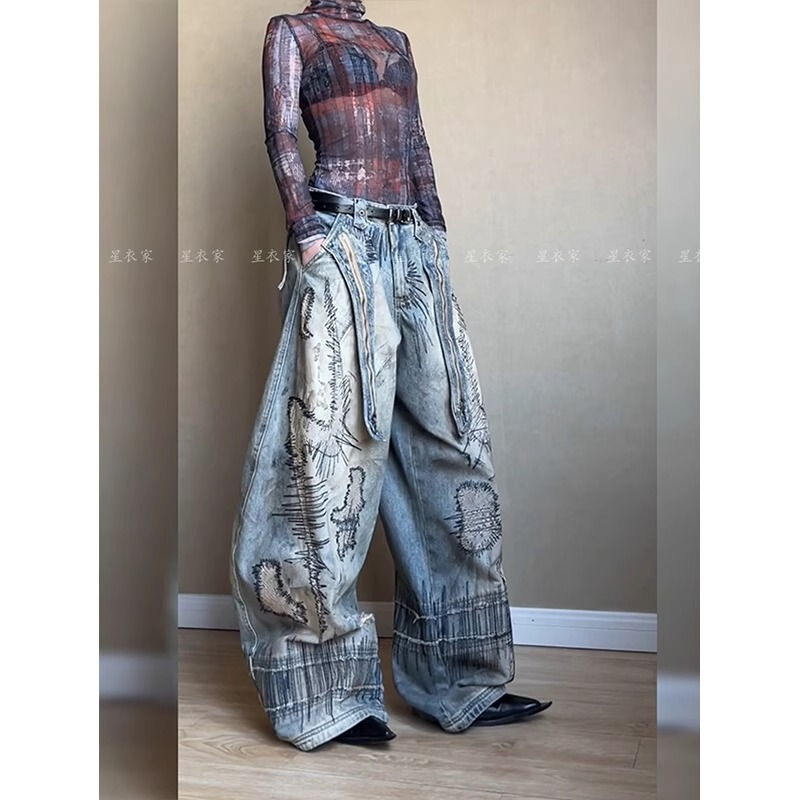 アメリカンレトロな古い汚れのあるカーブスミスジーンズ女性用2025夏ホットガール乱針刺繍フロアレングスパンツ|undefined