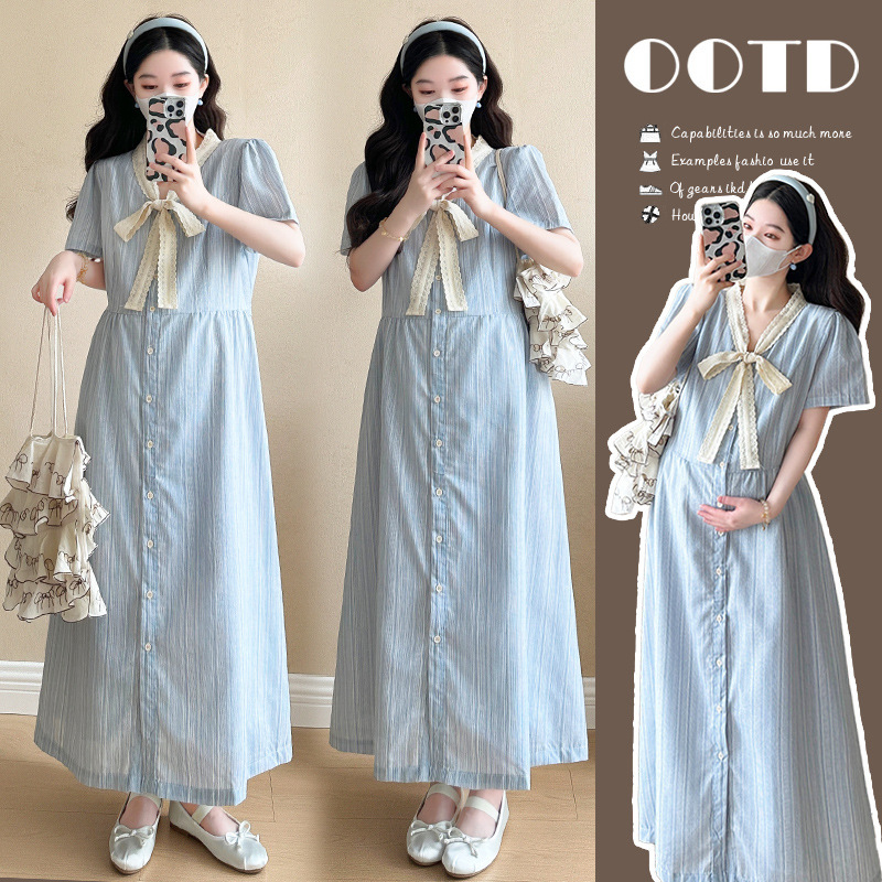 2025 French Design Sense Loose Bow plus size Long Pregnant Women's Short Sleeve dress Dress Pregnant Women's Fashion
