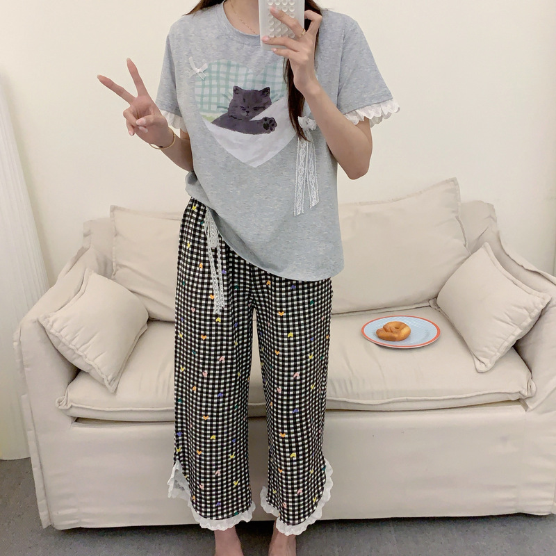 Spring and Summer New Lace Cute Cartoon Printed Short-sleeved Prellis Pants Pajamas Home Clothes suit Women's Outer Wear