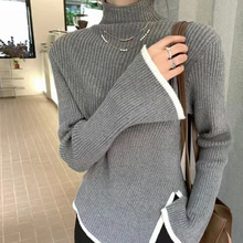 秋款半高领内搭毛衣女秋冬洋气不规则开叉长袖打底针织衫上衣